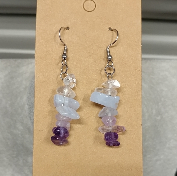 Amethyst Quartz Crystal Blue Lace Agate Earrings Natural Gemstone Chip Beaded - Picture 6 of 10